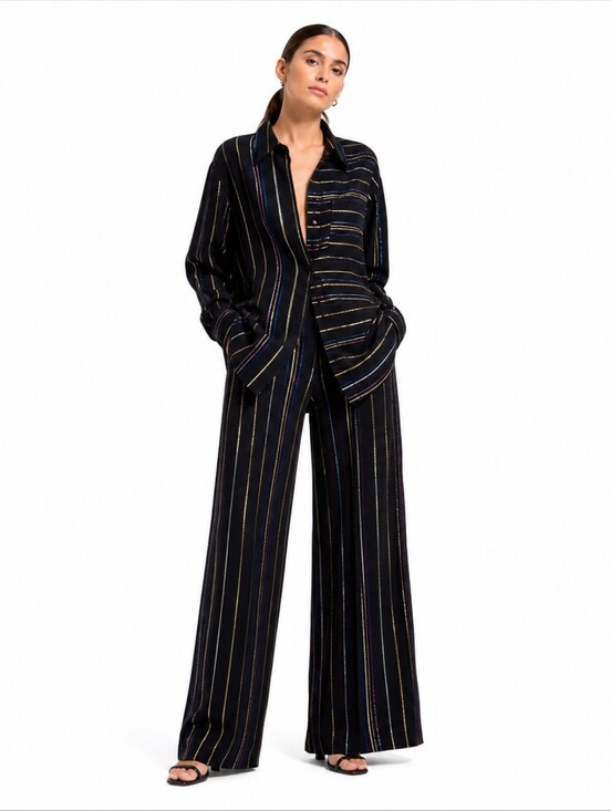 FARM Rio Tops - FARM Rio Metallic Stripe Co Ord Set Wide Leg Pants Shirt Resort NWT L